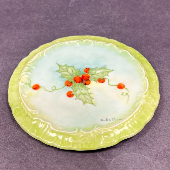 De Luca Hand Painted Holly Berries Trivet Plate Ceramic Green Christmas Holiday - Picture 3 of 10
